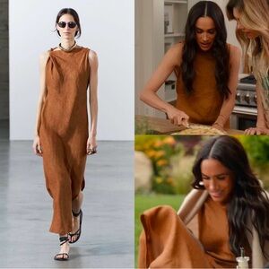 Meghan Markle Zara ZW Collection Pleated Linen Slip Dress